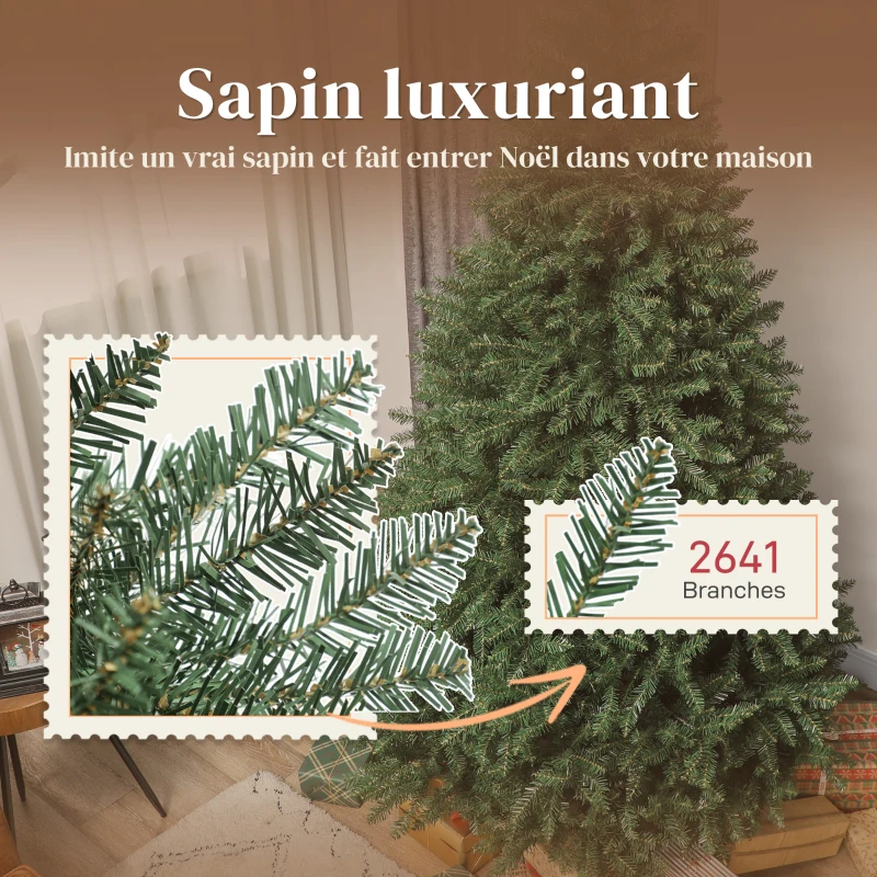 HOMCOM Sapin de Noël artificiel 210 cm, arbre de Noël réaliste avec 2641 pointes de branche articulée, support en métal, vert
