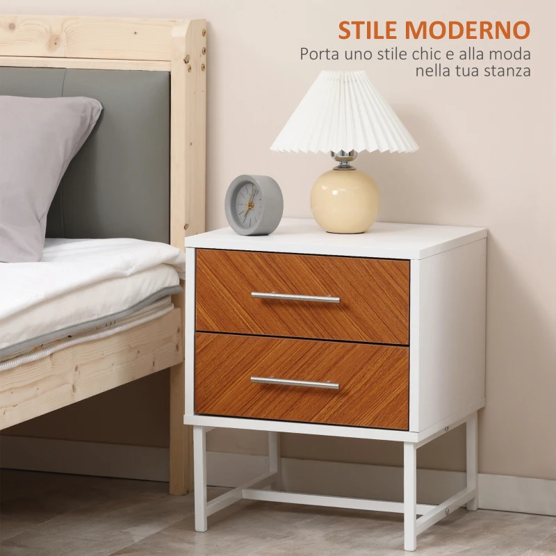 HOMCOM Set da 2 Comodini Moderni con 2 Cassetti in Metallo e Legno, 40x39x48cm, Marrone e Bianco