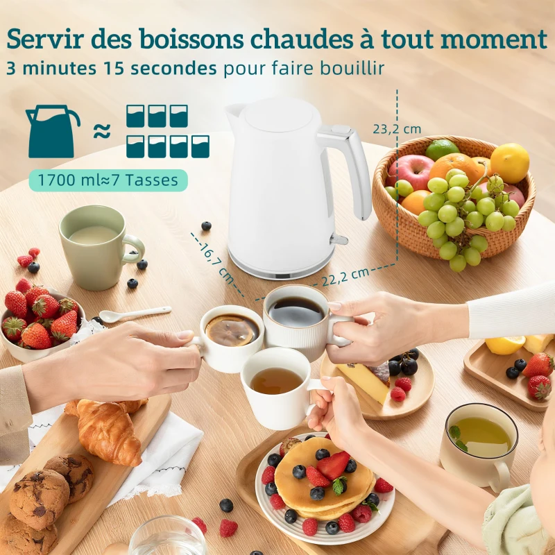 HOMCOM Ensemble bouilloire et grille-pain, bouilloire en acier 1,7 L et 2200 W et grille-pain à 2 tranches, blanc