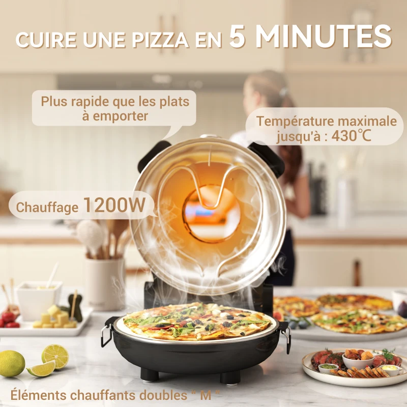 HOMCOM Four à pizza électrique 1200 W jusqu'à 430°C plaque en pierre réfractaire 30 cm minuterie température réglable noir