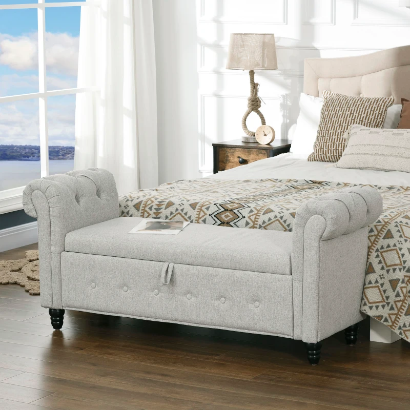 HOMCOM Banc banquette coffre 2 en 1 en tissu aspect lin avec pieds en bois 146,5 x 49 x 72 cm gris