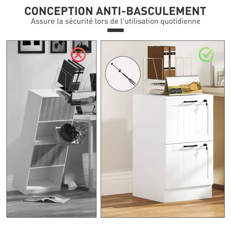 HOMCOM Caisson bureau, meuble rangement bois 2 tiroirs et serrure, barres de suspension réglables, 40 x 40 x 71 cm, blanc