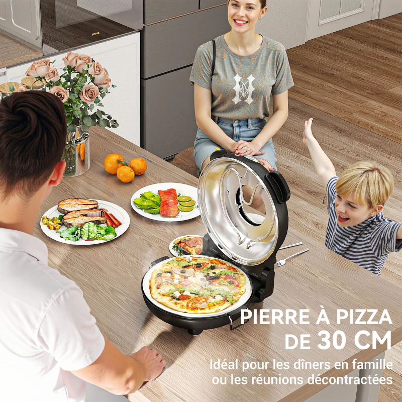 HOMCOM Four à pizza électrique 1200 W jusqu'à 430°C plaque en pierre réfractaire 30 cm minuterie température réglable noir