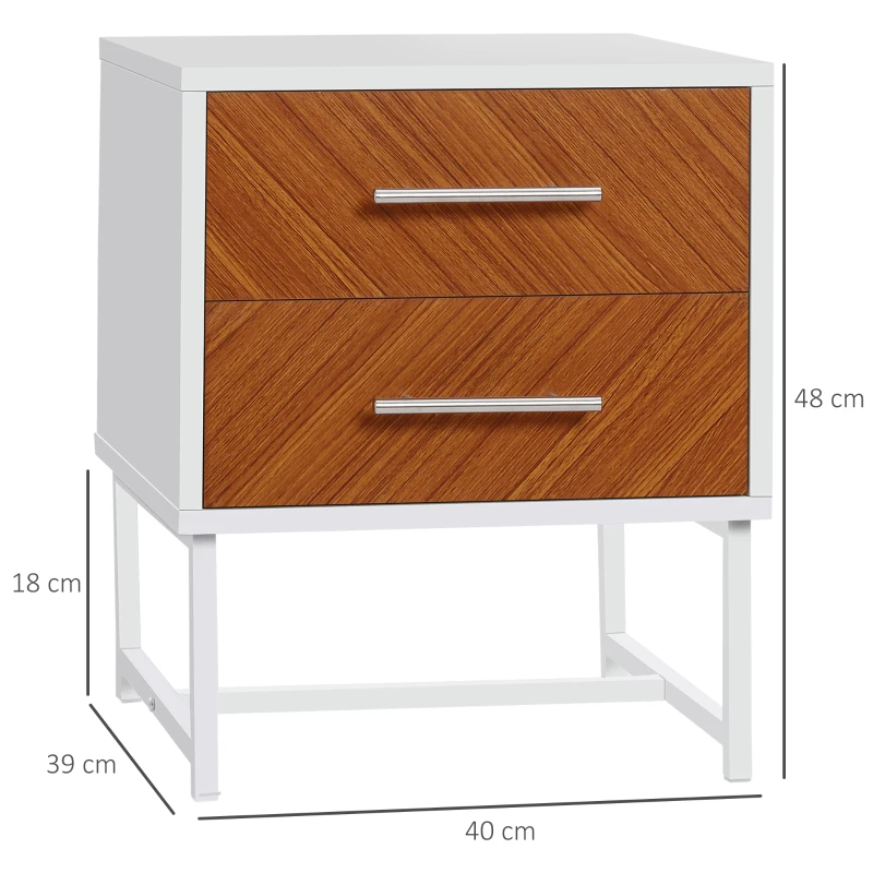 HOMCOM Set da 2 Comodini Moderni con 2 Cassetti in Metallo e Legno, 40x39x48cm, Marrone e Bianco
