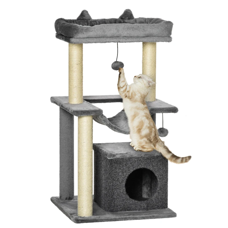 PawHut Arbre à chat avec griffoir, en tissu peluche, tour de jeux pour chat, lit, niche, hamac, plateforme 48 x 48 x 90 cm gris