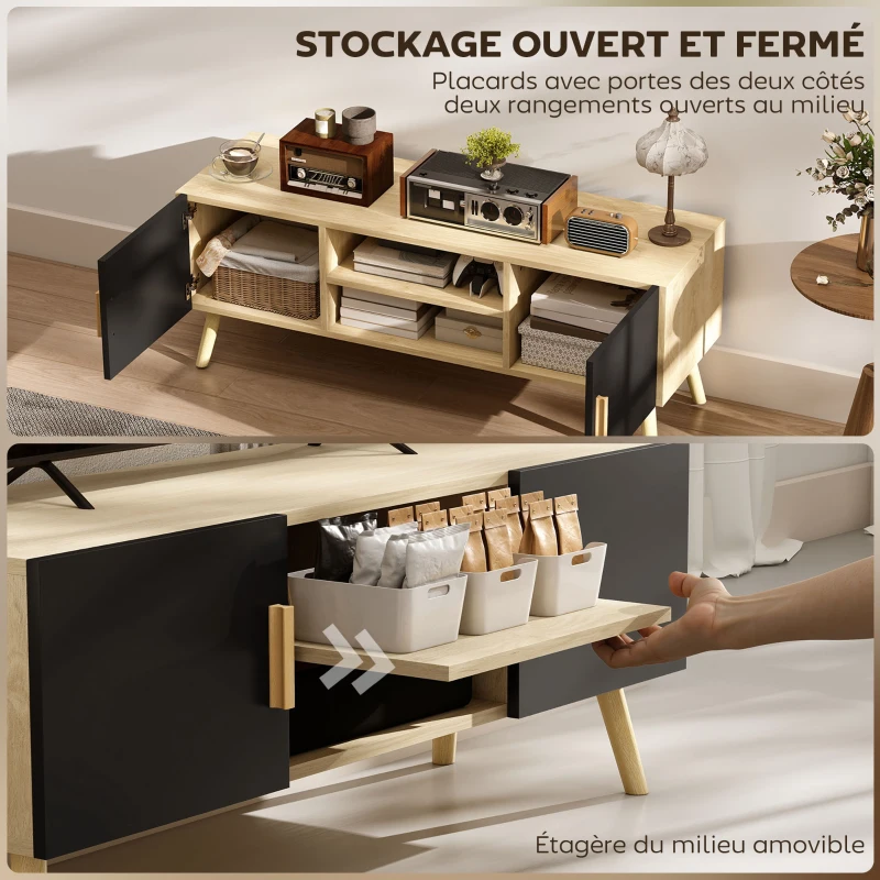 HOMCOM Meuble TV meuble télé bois banc TV jusqu'à 50 pouces avec étagères, 2 placards et passe-câbles, chêne