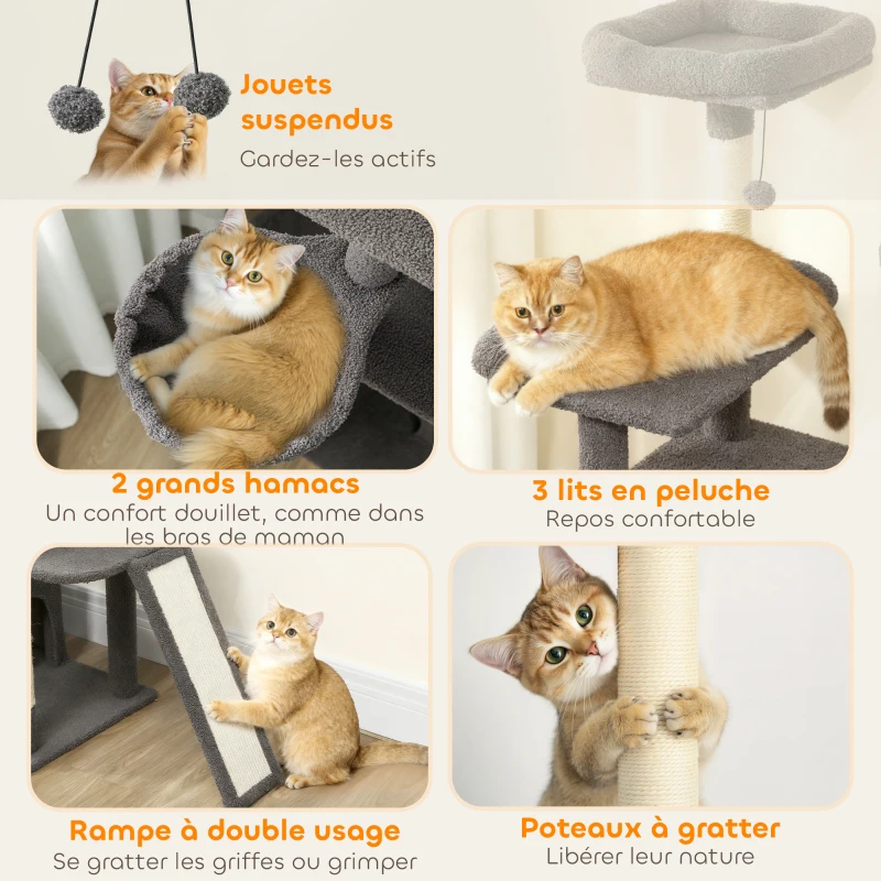 PawHut Arbre à chat tour de jeux pour chat avec griffoir 3 lits 2 niches plateformes et 3 jouets suspendus hauteur 174 cm gris