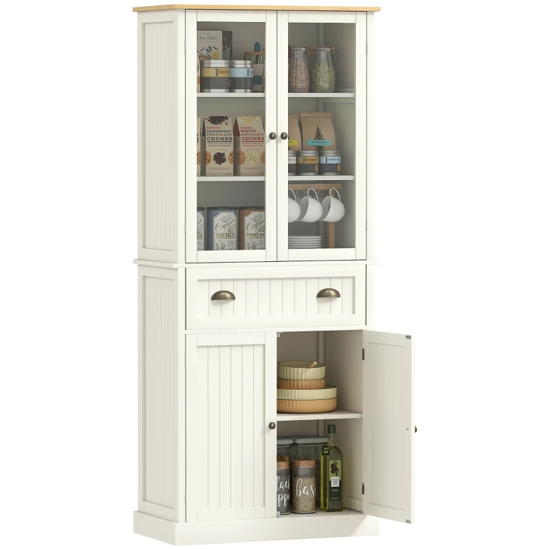 HOMCOM Buffet meuble cuisine rangement armoire de cuisine 4 portes dont 2 portes vitrées et 1 tiroir hauteur 182,5 cm avec étagères réglables - beige(m-1)
