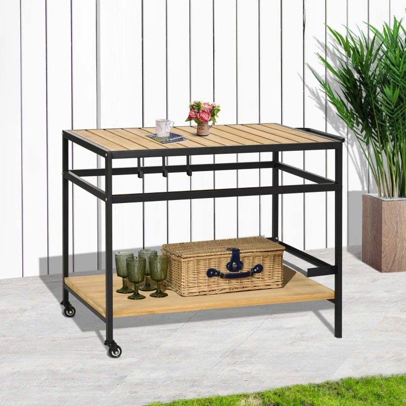 Outsunny Desserte de jardin chariot pour plancha en bois et métal 2 étagères 3 crochets 107 x 65 x 80 cm noir naturel