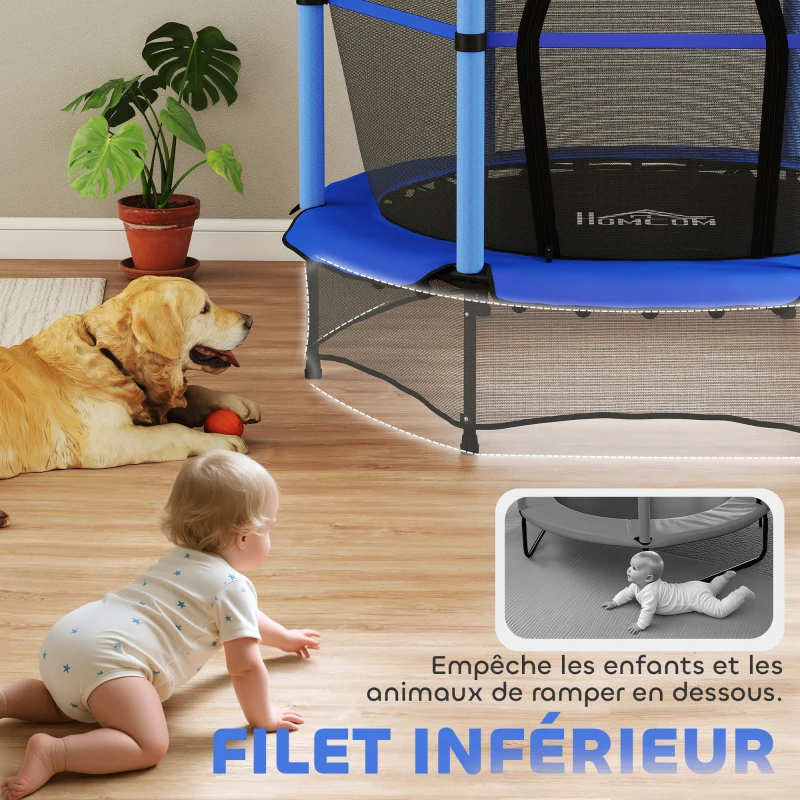 HOMCOM Trampoline Enfant Ø 1,40 × 1,90H m Filet de sécurité Porte zipée Couvre-Ressorts 6 poteaux rembourrés Inclus Bleu