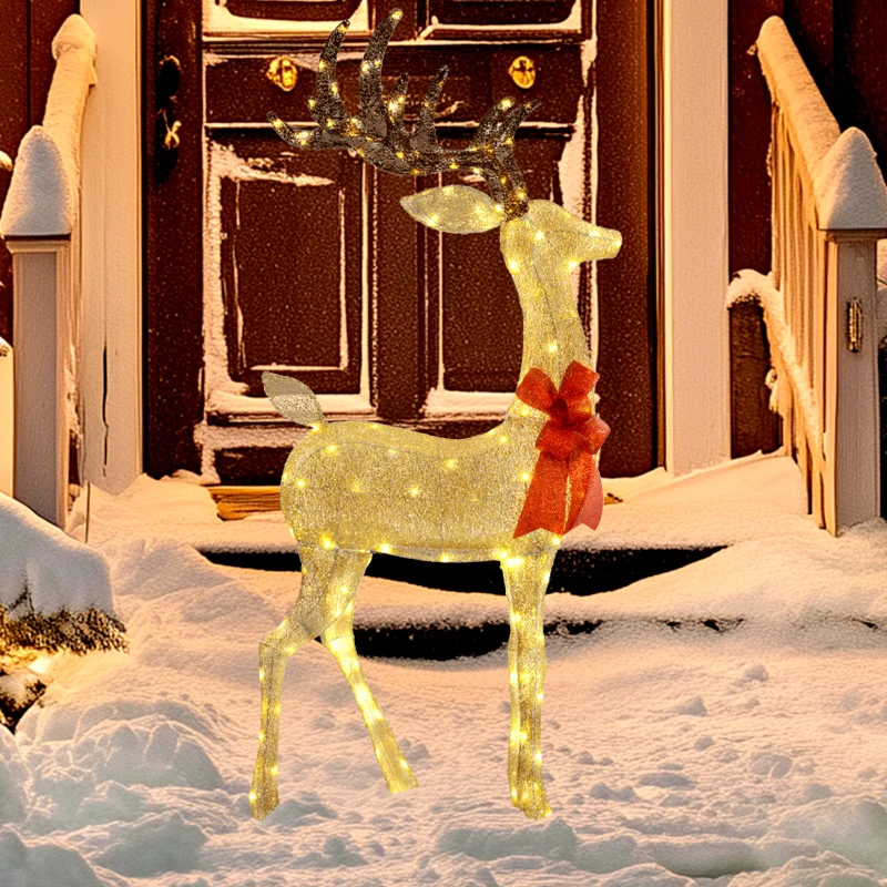 Outsunny Renne de Noël lumineux, décoration renne lumineux Noël en acier, avec 137 LED blanc chaud, 66 x 25 x 135 cm, or