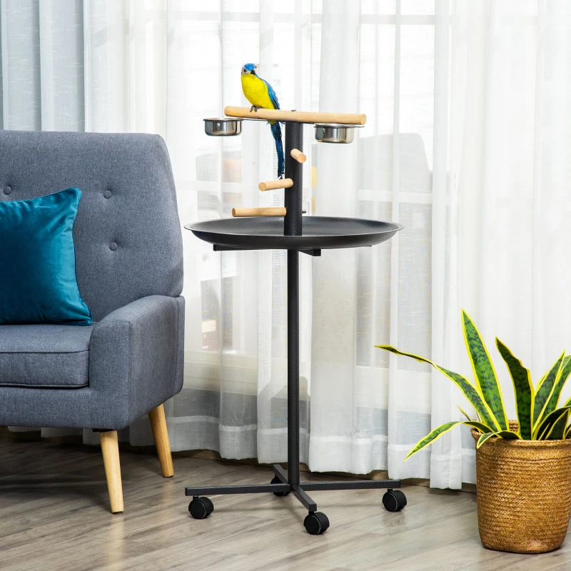 PawHut Perchoir perroquet mangeoire à oiseaux sur pied 4 roulettes, 2 mangeoires en acier inoxydable, Ø 60 x 111 cm, gris