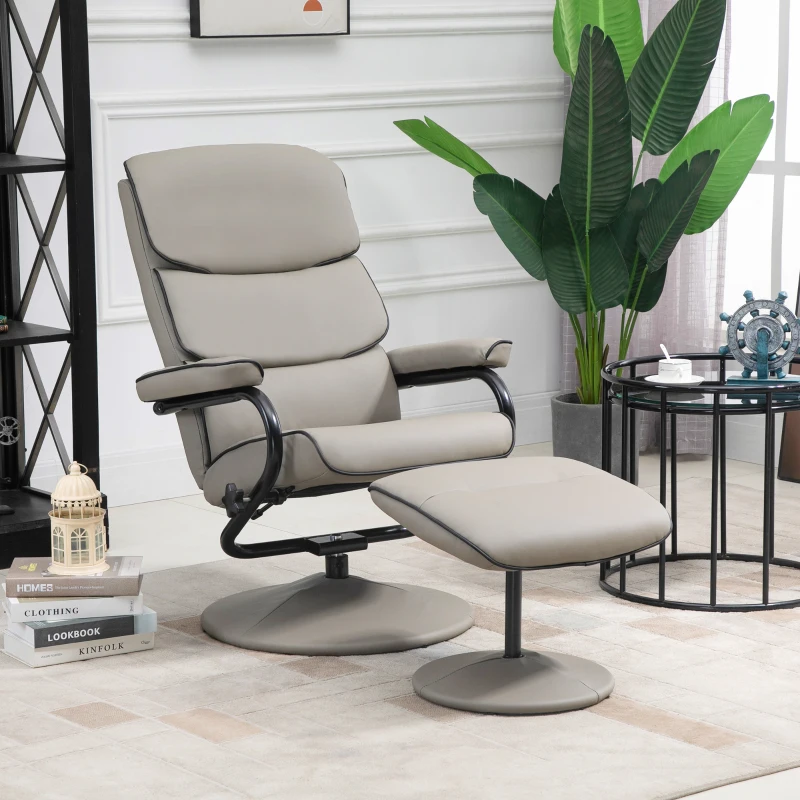 HOMCOM Fauteuil relax avec pouf, fauteuil TV avec dossier inclinable, pivotant à 360° assise rembourrée confortable, gris