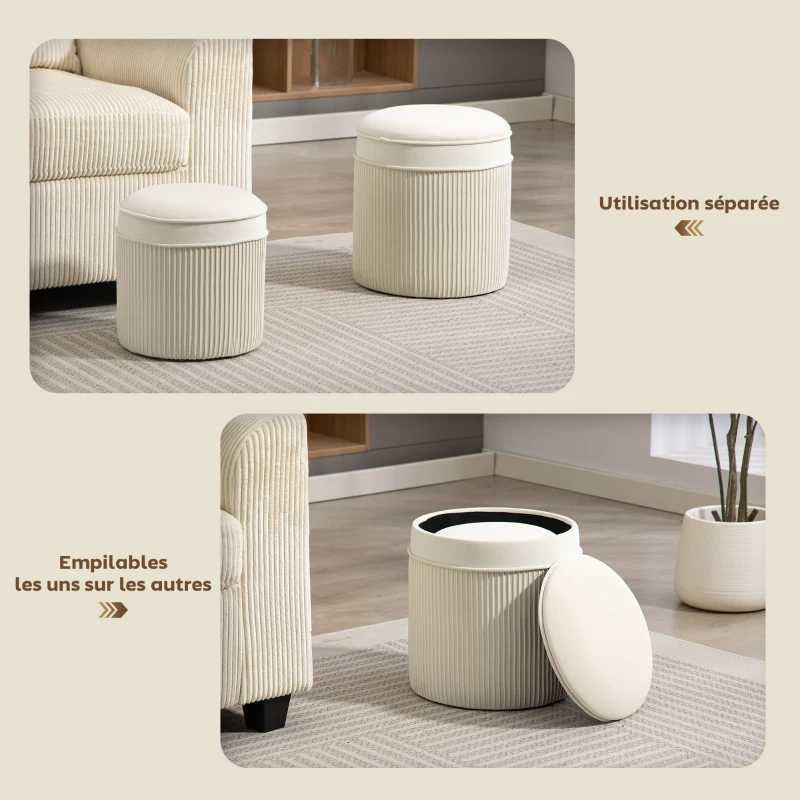 HOMCOM Lot de 2 poufs de rangement en velours, repose-pieds ronds gigognes avec couvercle amovible, Ø 36 et Ø 32 cm, crème