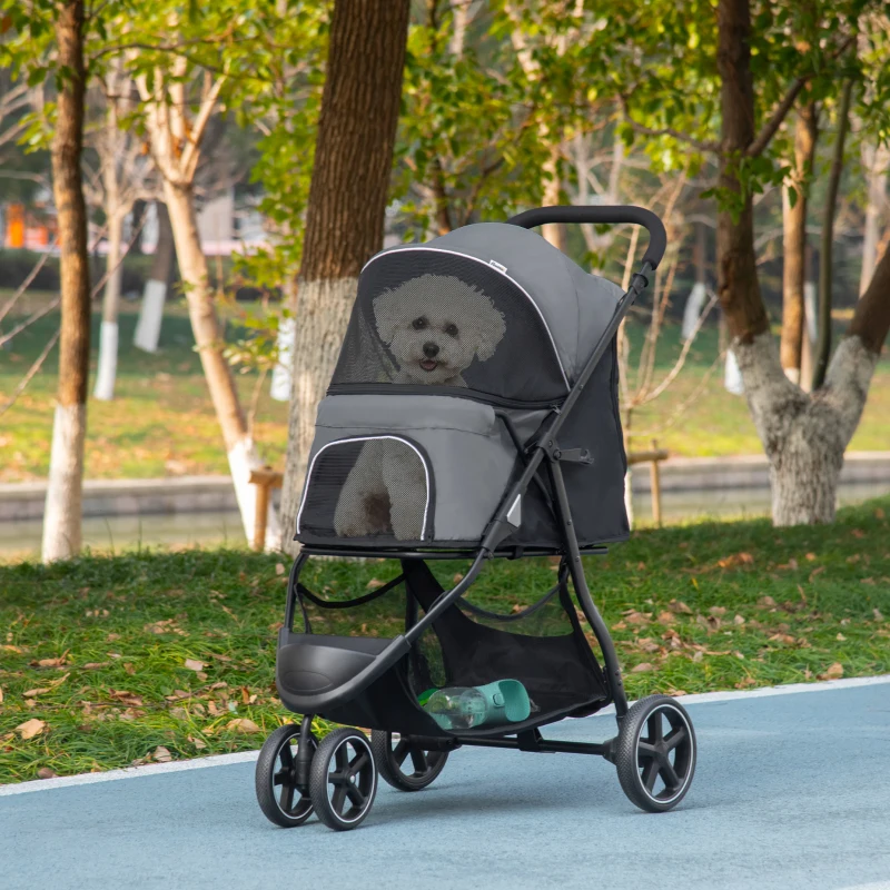 PawHut Poussette pour chien chat animaux de compagnie pliable 2 laisses roues EVA guidon réglable panier 83 x 55 x 101 cm gris