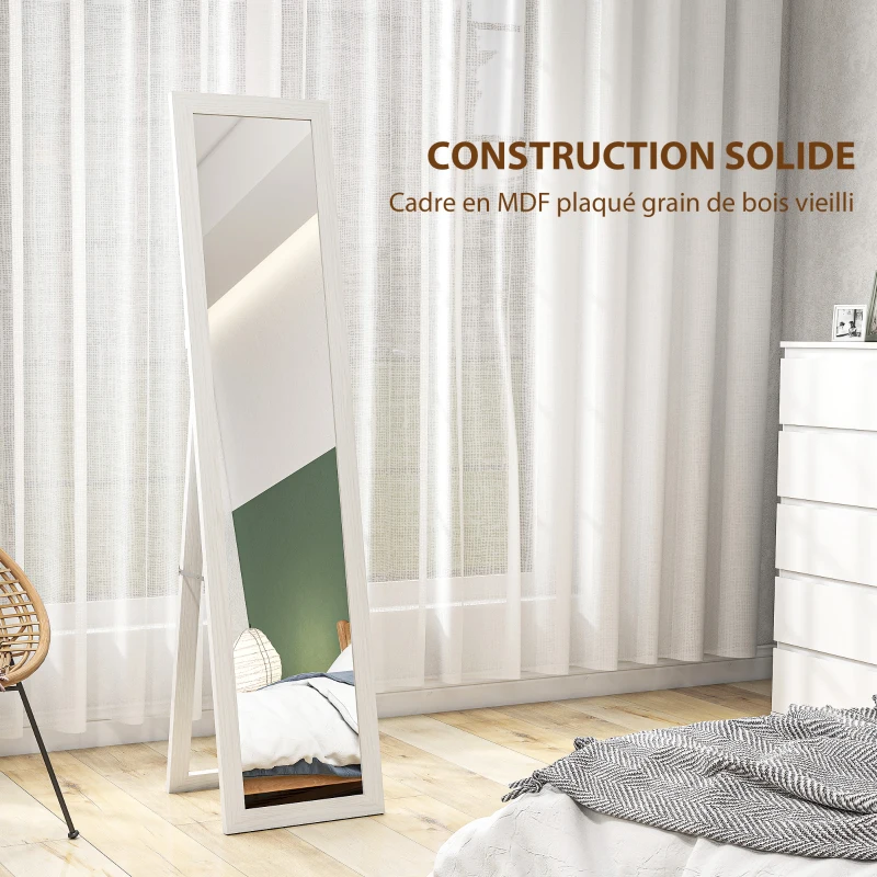HOMCOM Miroir sur pied mural ou à poser rectangulaire avec cadre en bois pour salon chambre à coucher 37 x 155 cm blanc