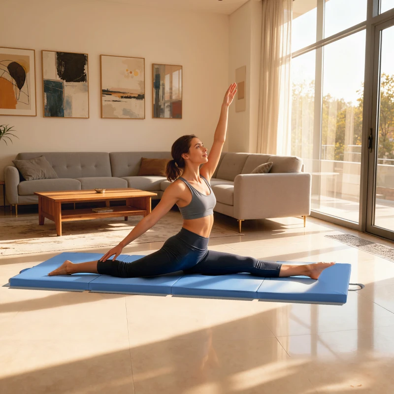 HOMCOM Tapis de gymnastique yoga pilates fitness pliable en 4 avec poignées revêtement synthétique 180 x 80 x 5 cm bleu clair