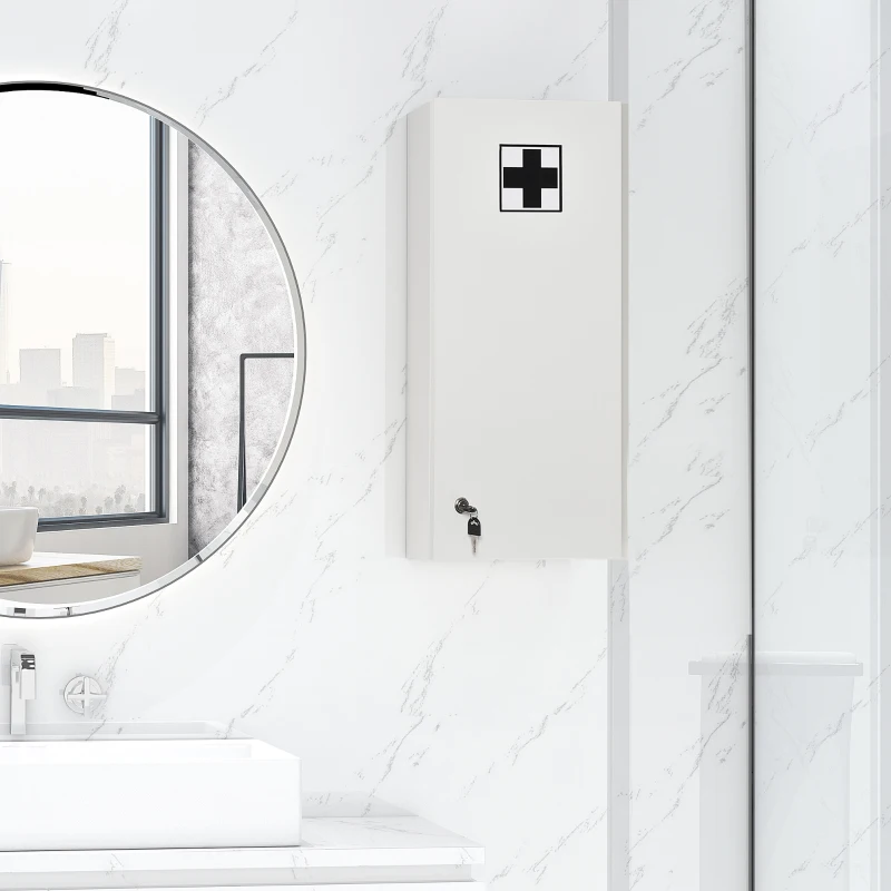 kleankin Armoire à pharmacie murale avec serrure, 5 étagères et tablettes réglables, bois et verre, blanc, 30x20x70cm