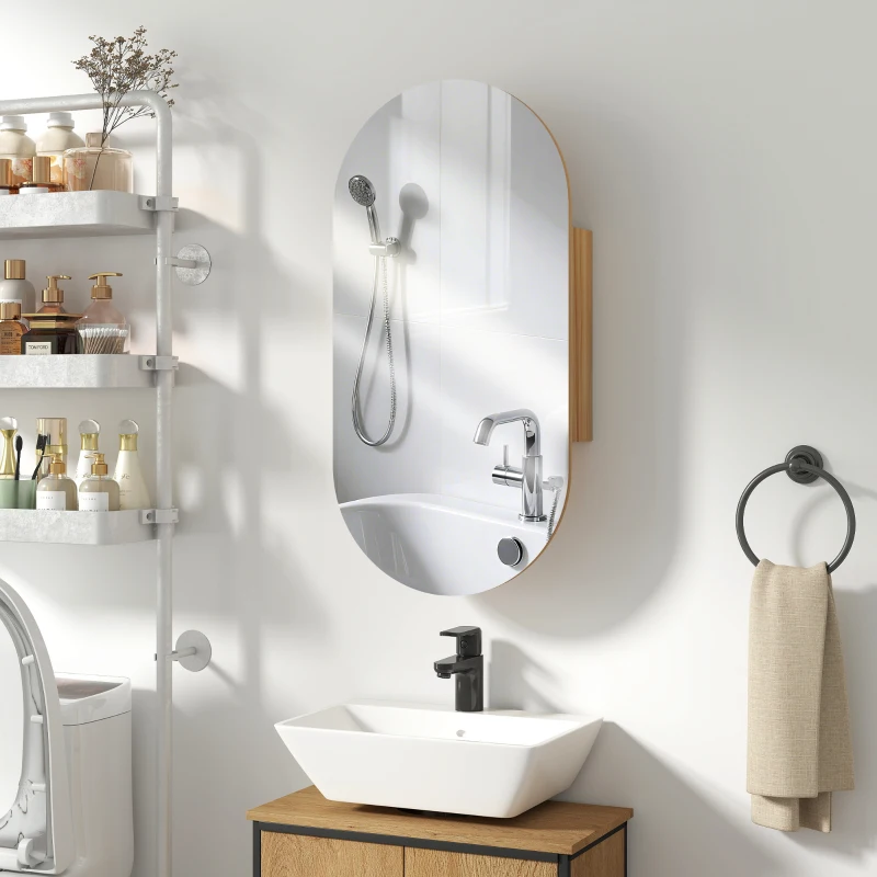HOMCOM Armoire murale salle de bain avec miroir ovale 45 x 90 cm moderne sans cadre bois naturel
