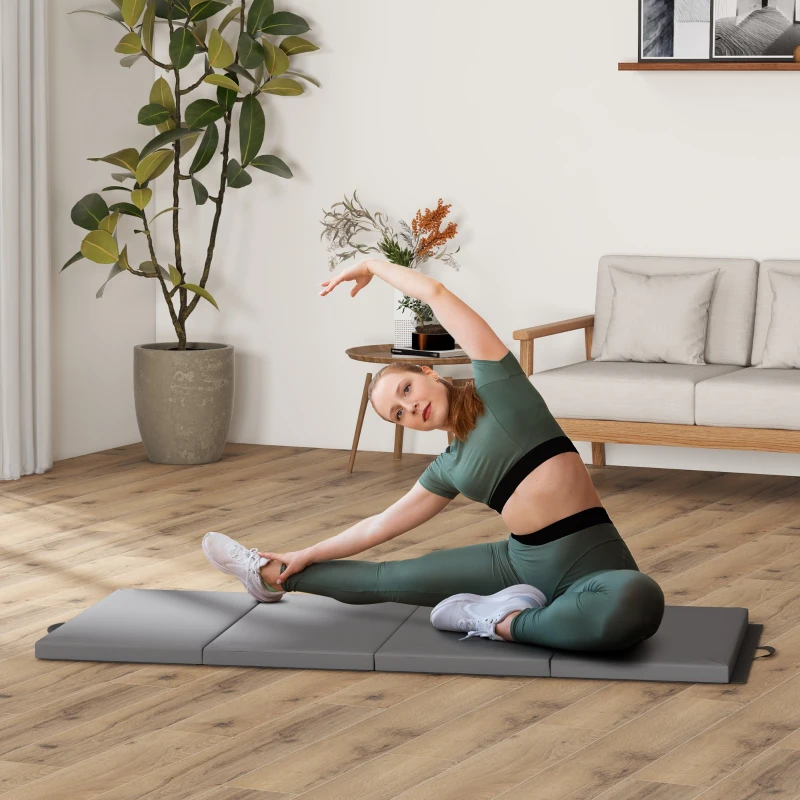 HOMCOM Tapis de gymnastique yoga pilates fitness pliable en 4 avec poignées revêtement synthétique 180 x 80 x 5 cm gris
