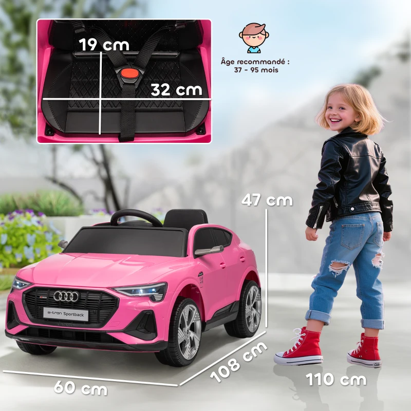 HOMCOM Voiture électrique enfants, véhicule électrique 12V avec télécommande 2,4G, phares, musique, klaxon, port USB, MP3, rose
