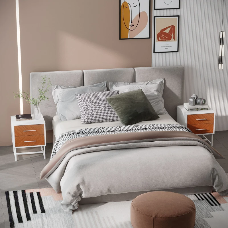 HOMCOM Set da 2 Comodini Moderni con 2 Cassetti in Metallo e Legno, 40x39x48cm, Marrone e Bianco