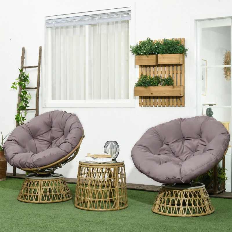 Outsunny Ensemble salon de jardin 3 pièces avec 2 fauteuils papasan pivotant et 1 tables basse ronde polyester résine tressée