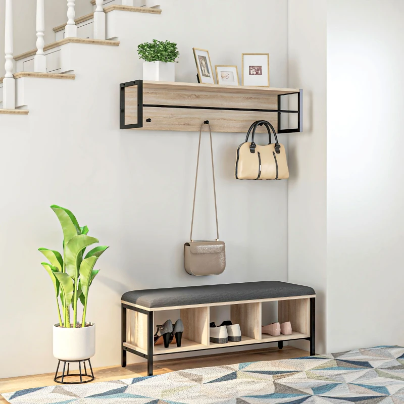 HOMCOM Ensemble meuble d'entrée 2-en-1 banc à chaussures 3 casier et porte-manteau mural 3 crochets et barre naturel et noir