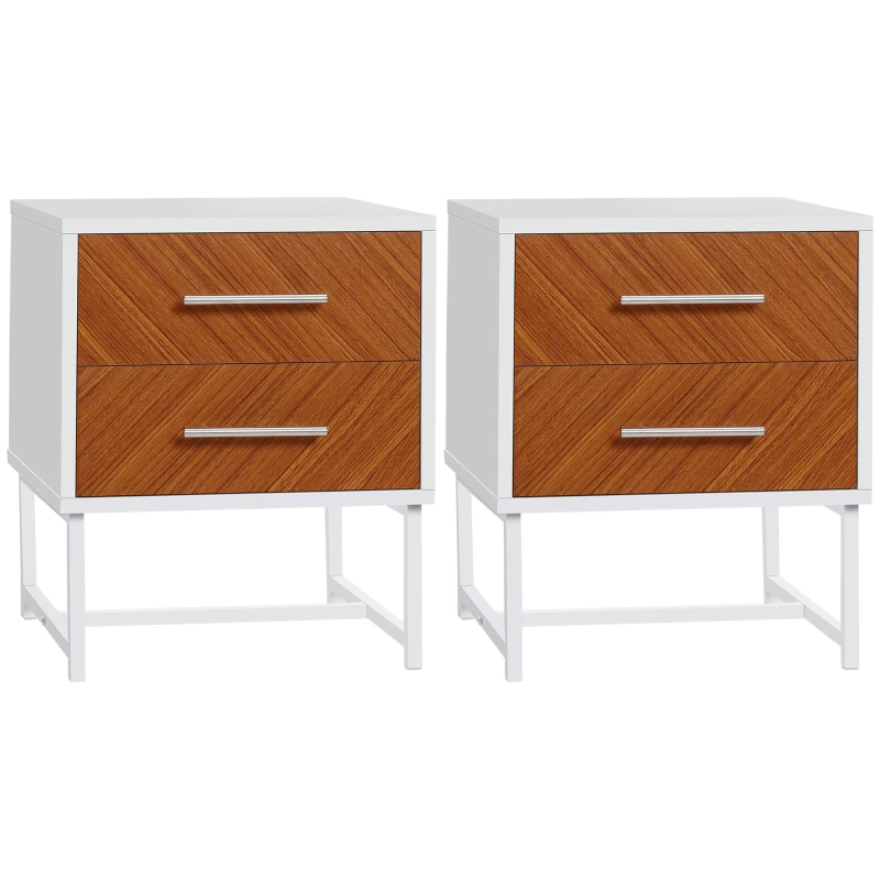 HOMCOM Set da 2 Comodini Moderni con 2 Cassetti in Metallo e Legno, 40x39x48cm, Marrone e Bianco