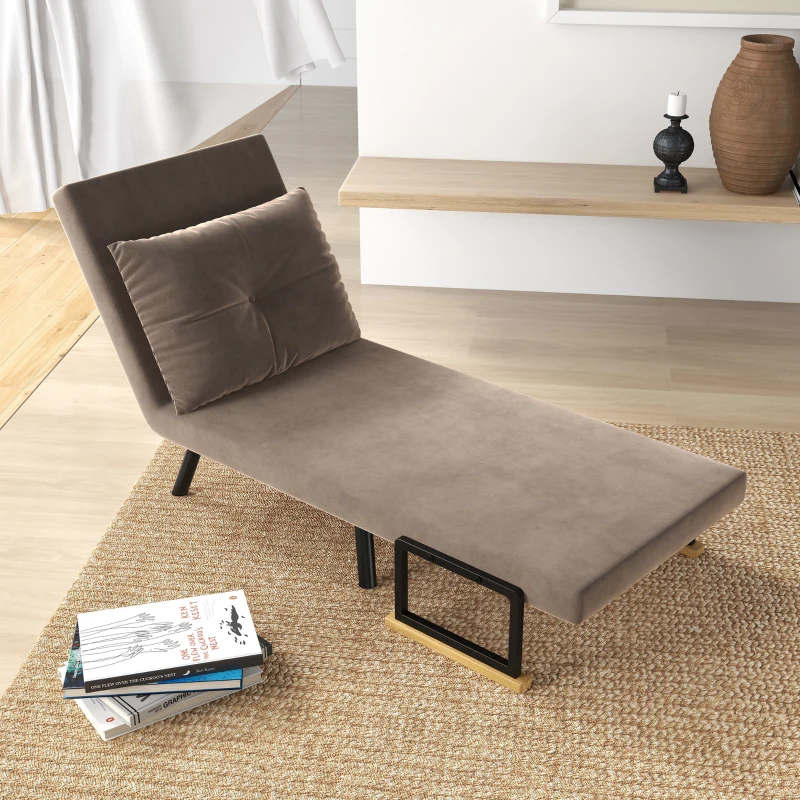 HOMCOM Fauteuil convertible 4 en 1 lit 1 place dossier 5 positions, accoudoirs en bois et coussin, tissu effet velours, marron