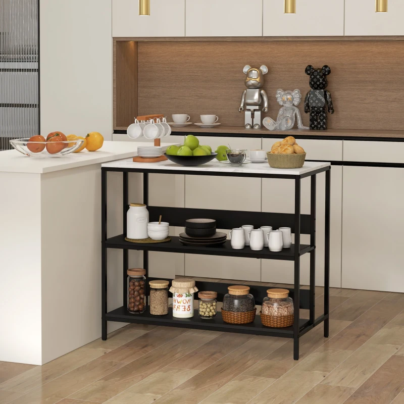 HOMCOM Ilot de cuisine 2 étagères de style moderne en acier noir et plateau MDF aspect marbre 100L x 50P x 90H cm - noir