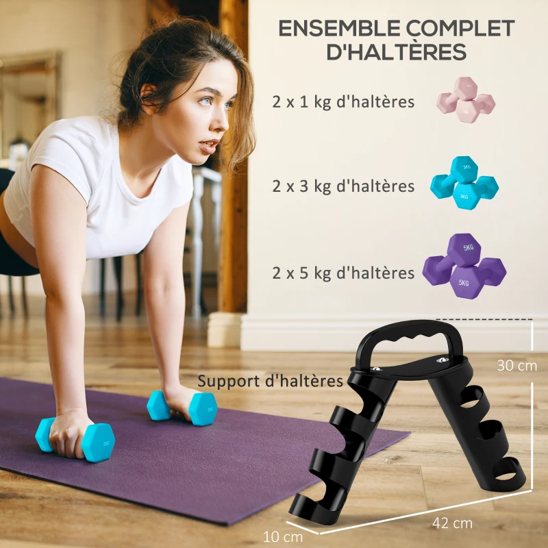SPORTNOW Lot d'haltères hexagonaux, haltères musculation, 2 x 1 kg, 2 x 3 kg, 2 x 5 kg, avec support convertible d'haltères