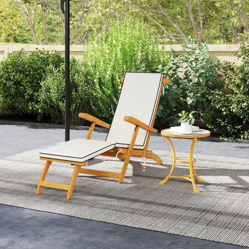 Outsunny Chaise longue pliante bain de soleil avec coussin en bois d'acacia, repose-pieds, 160 kg 155 x 54 x 86 cm blanc