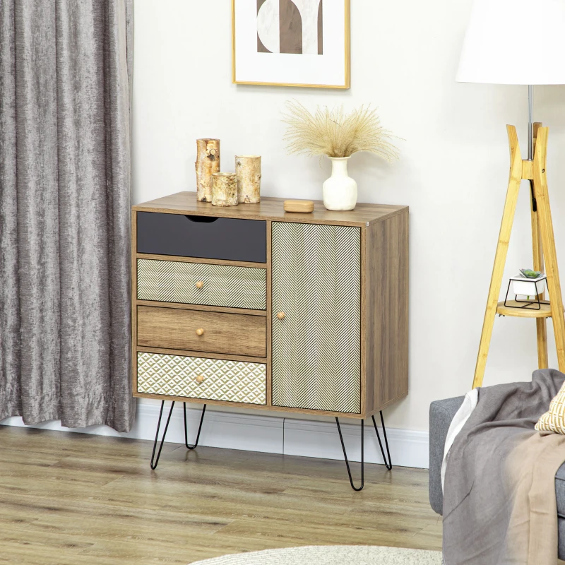 HOMCOM Meuble de rangement commode buffet 4 tiroirs 1 placard - pieds épingles à cheveux style bohème 79 x 39 x 86 cm marron