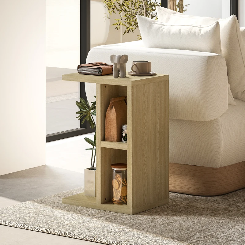 HOMCOM Table d'appoint 3 niveaux en forme de C avec 2 compartiments ouverts, 40 x 29,8 x 60 cm, chêne