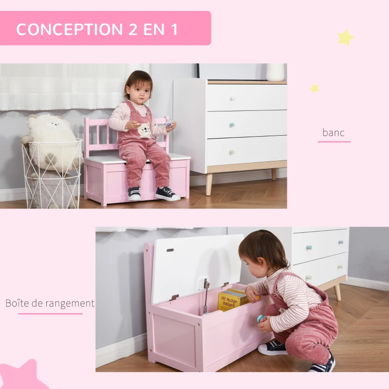 HOMCOM Coffre à jouet enfant banc de rangement enfant couvercle rabattable et charnières de sécurité 60 x 30 x 50 cm rose