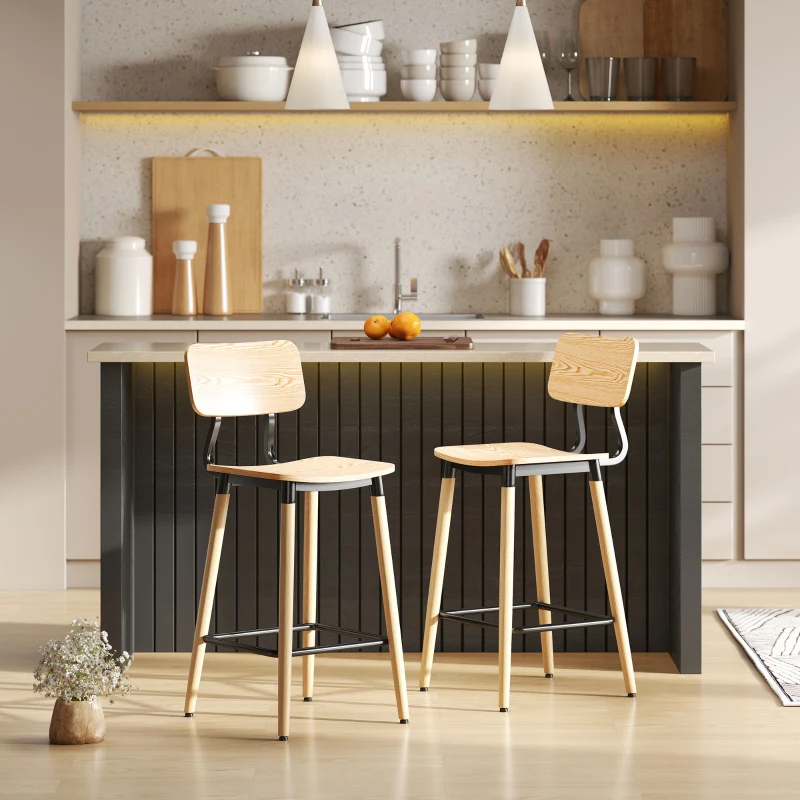 HOMCOM Lot de 2 tabourets de bar avec dossier, hauteur réglable et repose-pieds structure en acier hauteur 94 cm, bois naturel