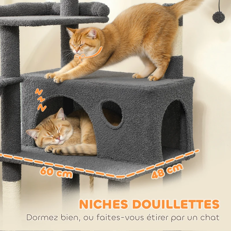 PawHut Arbre à chat tour de jeux pour chat avec griffoir 3 lits 2 niches plateformes et 3 jouets suspendus hauteur 174 cm gris