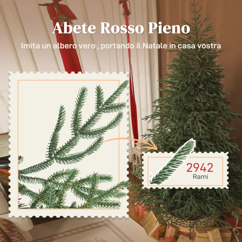 HOMCOM Albero di Natale Artificiale da 210 cm e Ignifugo con 2942 Rami Realistici, Base in Metallo Pieghevole