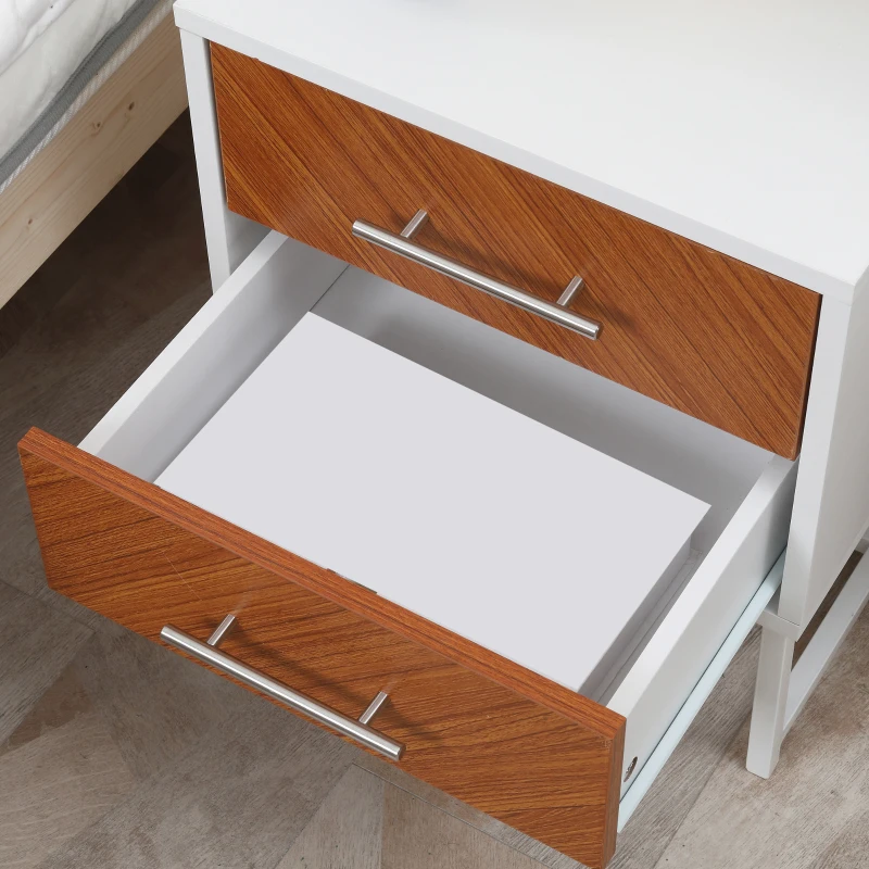 HOMCOM Set da 2 Comodini Moderni con 2 Cassetti in Metallo e Legno, 40x39x48cm, Marrone e Bianco