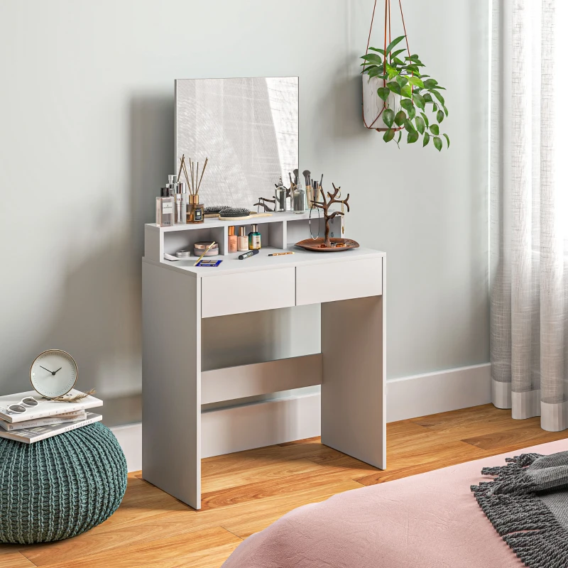 HOMCOM Coiffeuse avec miroir, table de maquillage avec 2 tiroirs et 3 compartiments, style moderne, 75 x 38 x 135 cm, blanc