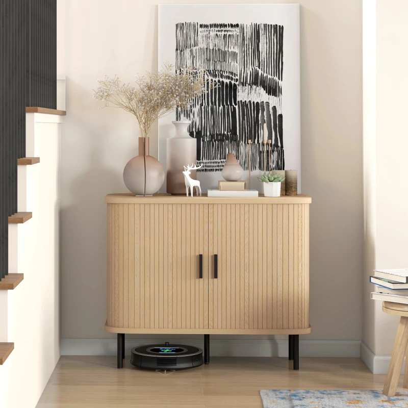 HOMCOM Buffet meuble de rangement avec portes coulissantes à lattes, armoire de cuisine avec pieds en acier, ton chêne