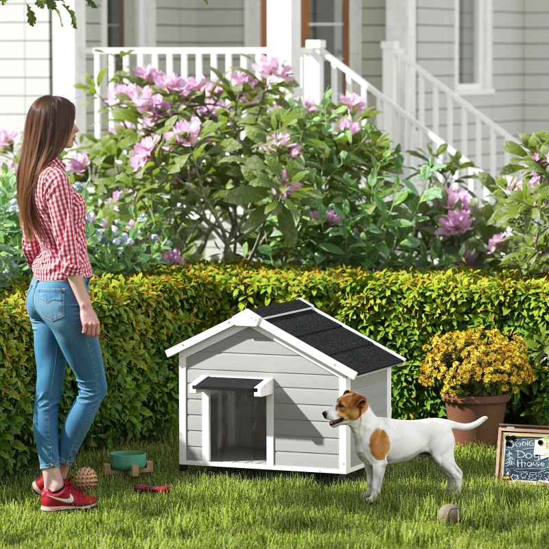 PawHut Niche pour chien extérieur en bois massif maison chien avec toit ouvrable rideau de porte 95 x 68 x 76 cm gris clair