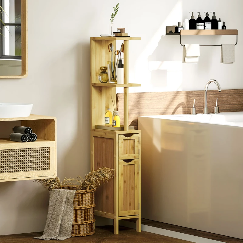HOMCOM Colonne de salle de bain meuble de salle de bain avec 2 étagères 2 placards en bambou 18l x 30P x 120H cm bois naturel