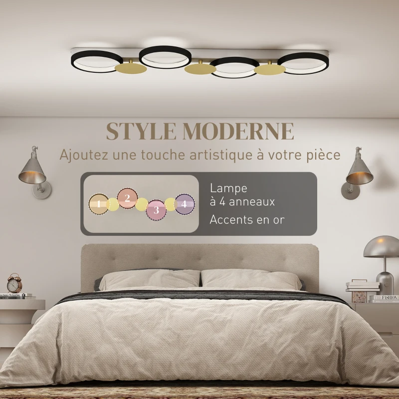 HOMCOM Plafonnier LED 38W, luminaire plafonnier 4 lumières à montage affleurant, télécommande, 100 x 31 x 7 cm, doré et noir