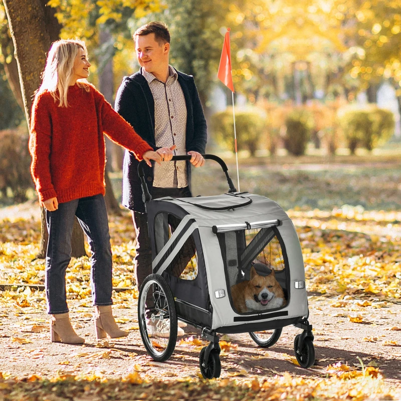 PawHut Remorque à vélo pour chien convertible jogger 2 en 1 pour animaux avec drapeau réflecteurs - gris et noir