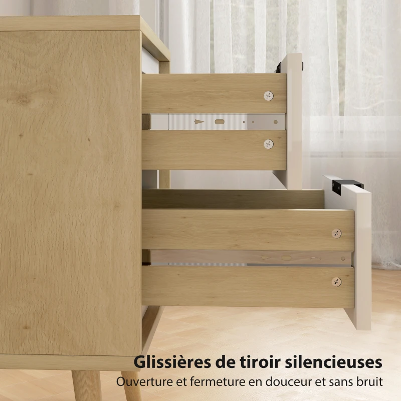 HOMCOM Table de chevet étroite, table d'appoint 2 tiroirs silencieux et pieds en bois massif, 40 x 35 x 50 cm, blanc brillant