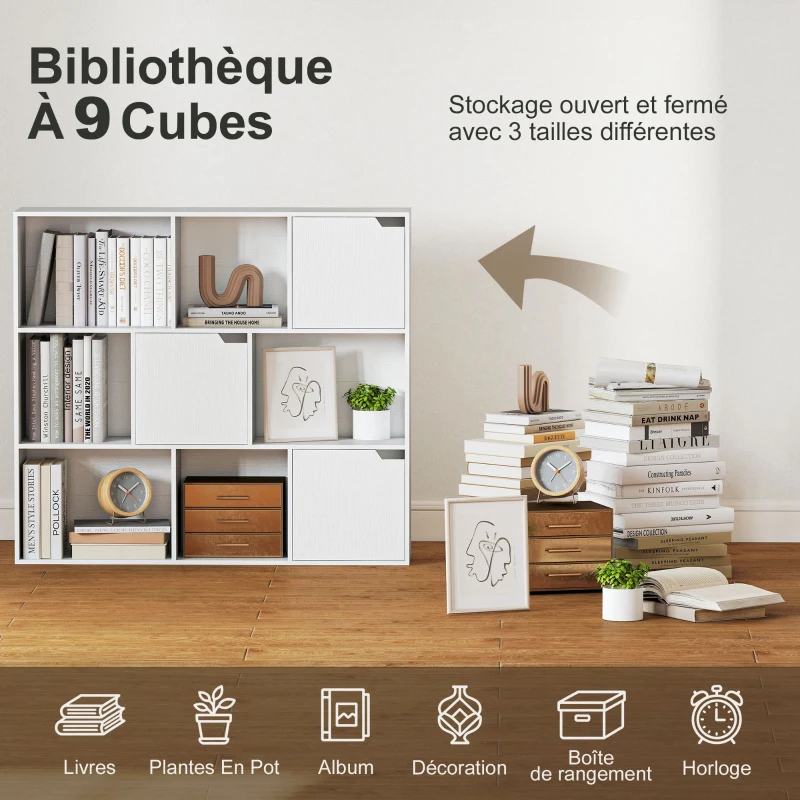 HOMCOM Bibliothèque étagère de rangement 9 cubes avec 3 portes et 6 compartiments ouverts, 106 x 24 x 95 cm, blanc