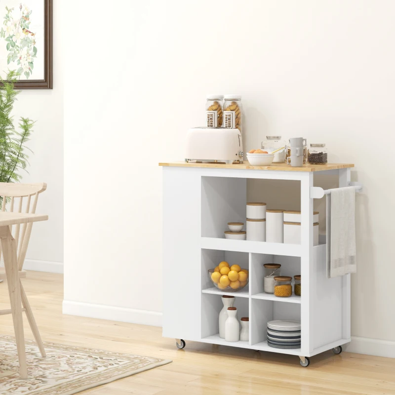 HOMCOM Desserte îlot de cuisine desserte à roulettes plateau en bois d'hévéa  4 étagères réglables porte-couteaux blanc