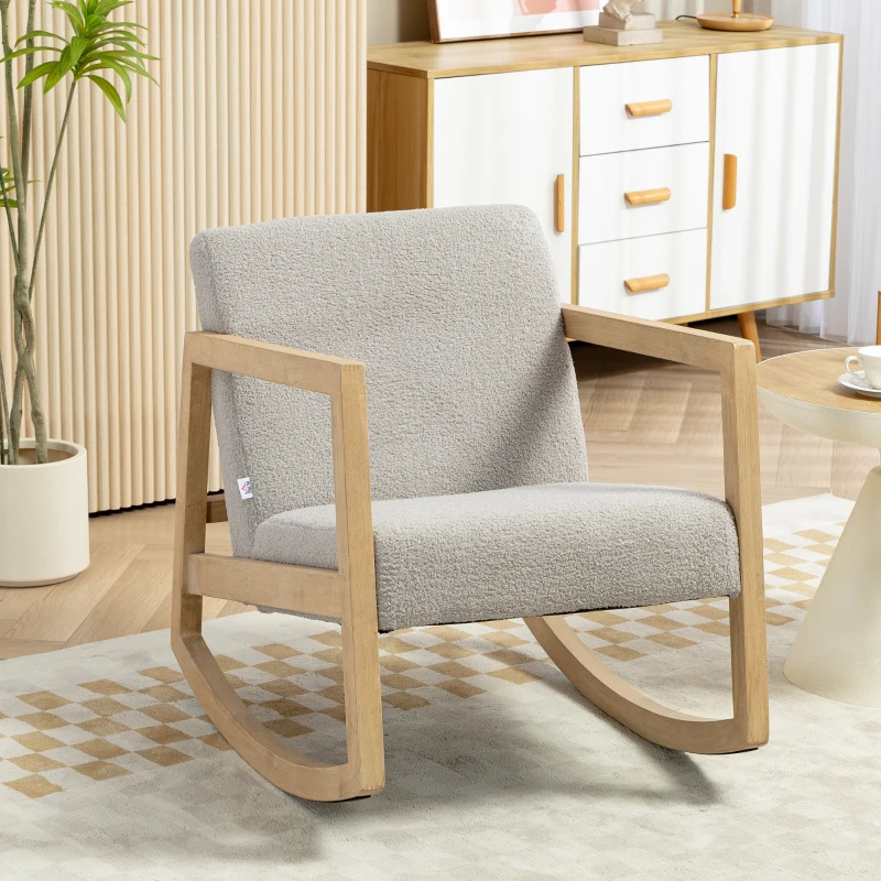 HOMCOM Fauteuil à bascule fauteuil allaitement rocking chair en tissu effet laine bouclée avec pieds en bois massif d'hévéa